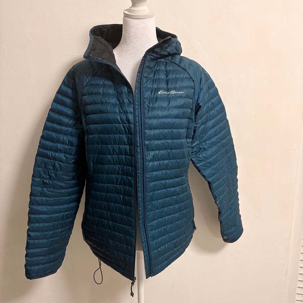 Eddie Bauer Womens First Ascent EB800 Goose Down Blue Hoodie Jacket Large